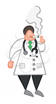 Vector illustration cartoon doctor man standing and smoking cigarette.