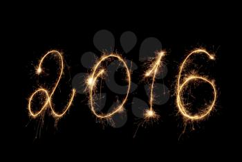 Happy New Year 2016. Inscription sparklers on dark background.