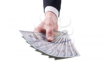 Businessman hand with money isolated on white background.