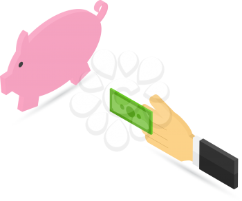 Businessman putting money in the pig piggy bank. Vector illustration .