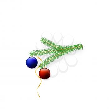New Year tree branch with balls and serpentine. Vector illustration .