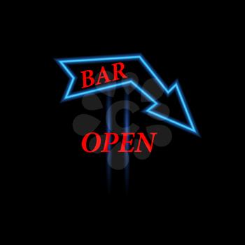 Arrow neon sign open bar. Vector illustration .