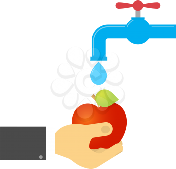 The man washes the apple under the tap. Vector illustration .