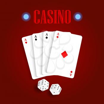 Playing cards and dice on a red table. Vector illustration .