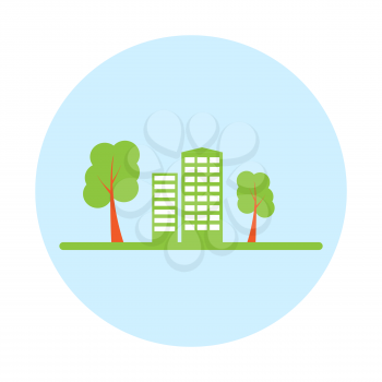 Urban residential buildings with green trees. Vector illustration .