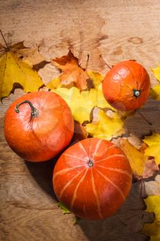 Autumn background with colored leaves and pumpkin on wooden board. Pumpkins on grunge wooden backdrop, background table. Autumn, halloween, pumpkin