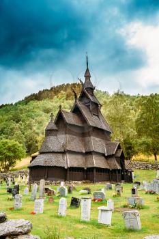 BORGUND - AUG 1: Stavkirke An Old Wooden Triple Nave Stave Church, on August 1, 2014 in Borgund, Norway