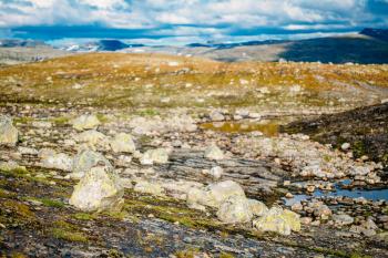 Norway Nature Landscape, Norwegian Mountains Under Sunny Blue Sky. Local Focus On Stone