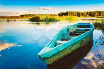 Old Wooden Fishing Boat In River.  Rowboat, Belarusian Nature