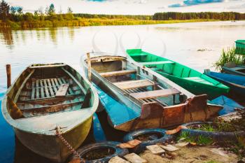 Old Fishing Boats In River. Rowboat, Belarusian Nature