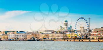 Panorama Of Embankment In Helsinki At Summer Sunset Evening, Sunrise Morning, Finland. Cityscape View From Sea