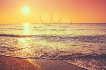Soft Sea Ocean Waves Wash Over Golden Sand Background. Sunset, Sunrise, Sun. Toned like instant photo
