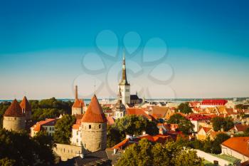 Scenic View Landscape Old City Town Tallinn In Estonia. Toned, Instant Photo