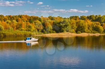 Ship On River. Autumn Forest Background