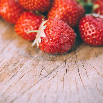 Strawberries. Organic Berries Closeup. Juicy Fresh Ripe Red Strawberries On An Old Birch Stump. Toned Image