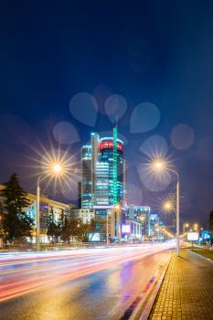 Minsk, Belarus. Night Traffic On Illuminated Street Pobediteley Avenue In Minsk.