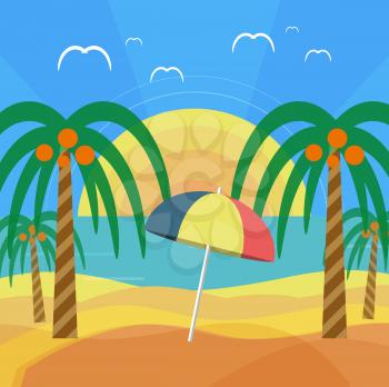 Tropical beach with palm trees and umbrella. Planning a summer vacation, tourism and journey