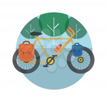 Bicycle near the trees. Bicycle tourism. Icons of traveling, planning a summer vacation, tourism and journey objects