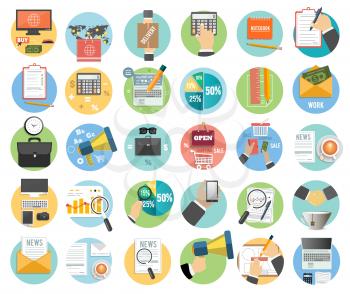Web design objects, delivery, business, office and marketing items icons.