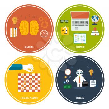 Icons for education, headwork, strategy planning, business tools. Concept of different icons in flat design