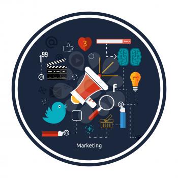 Icons for marketing. Digital marketing concept. Flat design stylish megaphone with application icons
