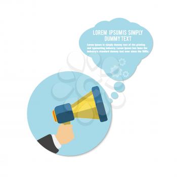 Hand holding a yellow megaphone with bubble on white background. Business concept of marketing in flat design