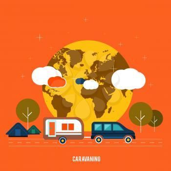 Caravaning near the tree. Caravaning tourism. Icons of traveling, planning a summer vacation, tourism and journey objects
