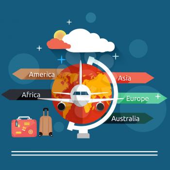 Aviator concept in flat design. Airplanes flying over the map in different countrys. Icons set of traveling, planning a summer vacation, tourism and journey objects and passenger luggage
