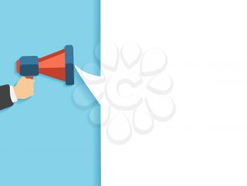 Hand holding a red megaphone with white bubble. Business concept of marketing in flat design. White bubble speech in social communication concept