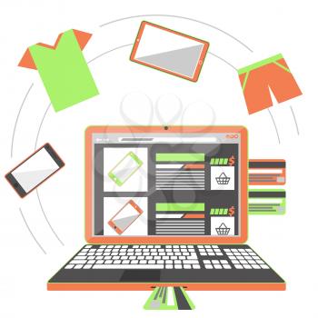 Internet shopping concept. Monitor laptop with shopping bag cart on screen and close package from store flat cartoon design style