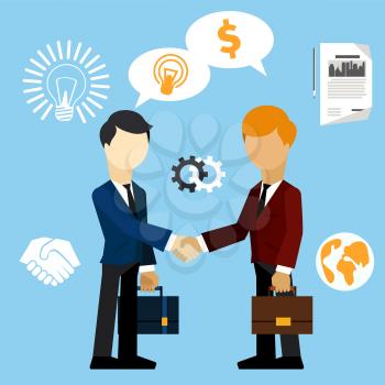 Happy business man make handshake sharing exchange case studies in which idea of ??invention and money cartoon flat design style