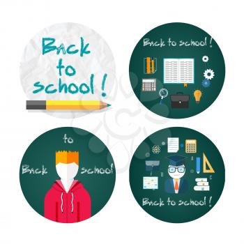 Back to school concept with item icons. Book calculator briefcase. Back to school concept text on chalkboard with student