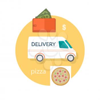 Fast food pizza delivery perfect service fresh ingredients online order purse with money decorative icons in flat design