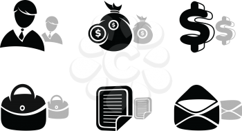 Icons set in black for business and finances. Silhouette with shadow of businessman, documents, money bag, briefcase