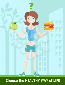 Healthy lifestyle and dieting concept with woman in sportswear choosing between eat green apple or hamburger.