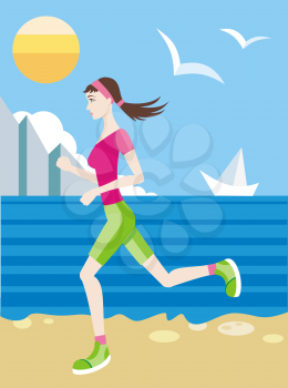 Brunette girl in a sports uniform jogging on a beach with gulls and sun on blue sky and ship on the horizon