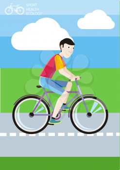 Man in red T-shirt riding his bike on the road among green fields