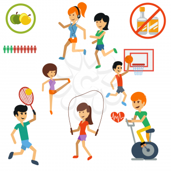 Icon set with people jogging, practising yoga, playing basketball and tennis, spinning exercise bike