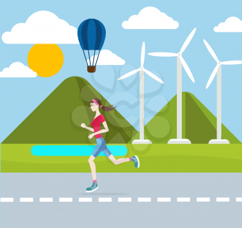 Running woman outdoors in flat design style. Jogging outdoors with wind turbines on background