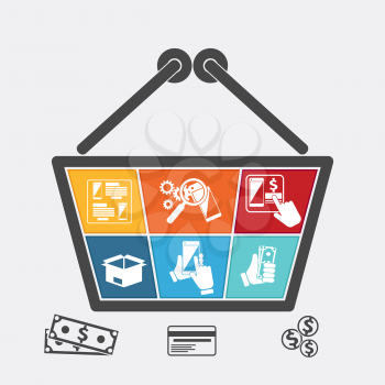 Shopping basket with icons of online e-commerce shop infographic internet purchase and delivery in flat design style.