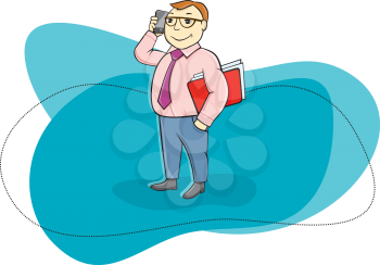 Happy businessman holding phone in his hand near head and talking other hand holding folder with documents cartoon design style