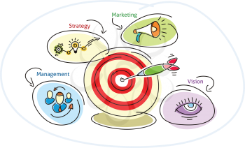 Darts target bubble with lightbulb circles people megaphone eye. Management strategy marketing vision concept cartoon design style