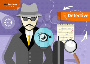 Profession series with young mustached male detective in hat, coat  and sunglasses  tracking down criminals