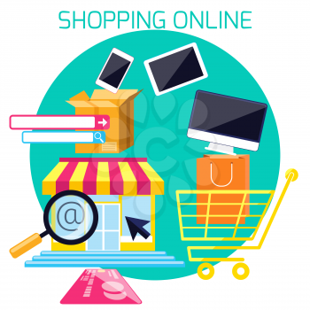 Internet shopping process of purchasing and delivery. Business online sale icons. Icons of buying product via online shop and e-commerce and shopping elements in flat design