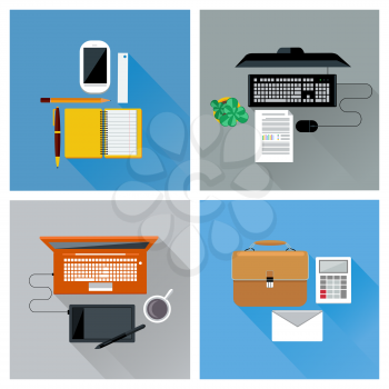 Top view of workplace with smartphone, laptop, computer, digital pen, tablet pc, and stationery icon set in flat design