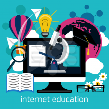 Concept in flat design for online education, distance education, science research, creative thinking, innovations with computer
