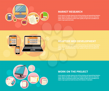 Set of banners for market research, adaptive web development, work on project with modern devices in flat design