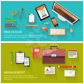 Flat design of project management and creative process. Web design and management concept. Computer monitor with the screen of the program for design and architecture