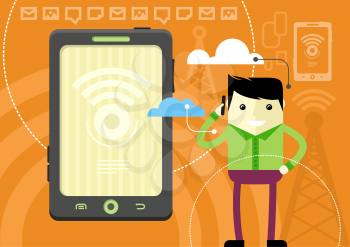 Mobile network concept. Happy man holding phone in his hand near head and talking flat cartoon design style.