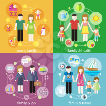 Family with children kids people concept icons set of parenting in flat design styly. Baners of young family, famile and health, famile and job, famile and travel for infographic 